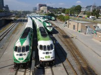 <b>A beastly number.</b> A number of trainsets are laying over at the North Bathurst Yard after the morning rush hour, with the second set from the left being led by GOT 666.