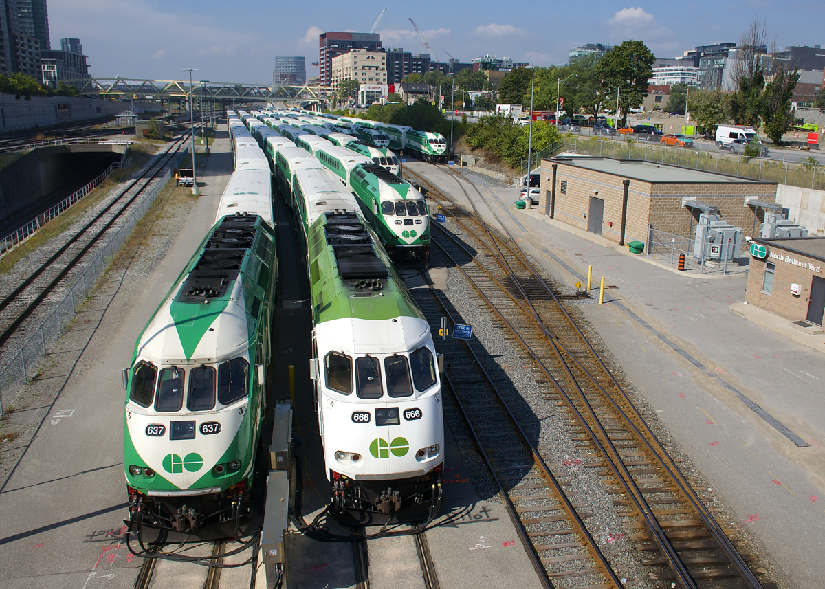 A beastly number. A number of trainsets are laying over at the North Bathurst Yard after the morning rush hour, with the second set from the left being led by GOT 666.