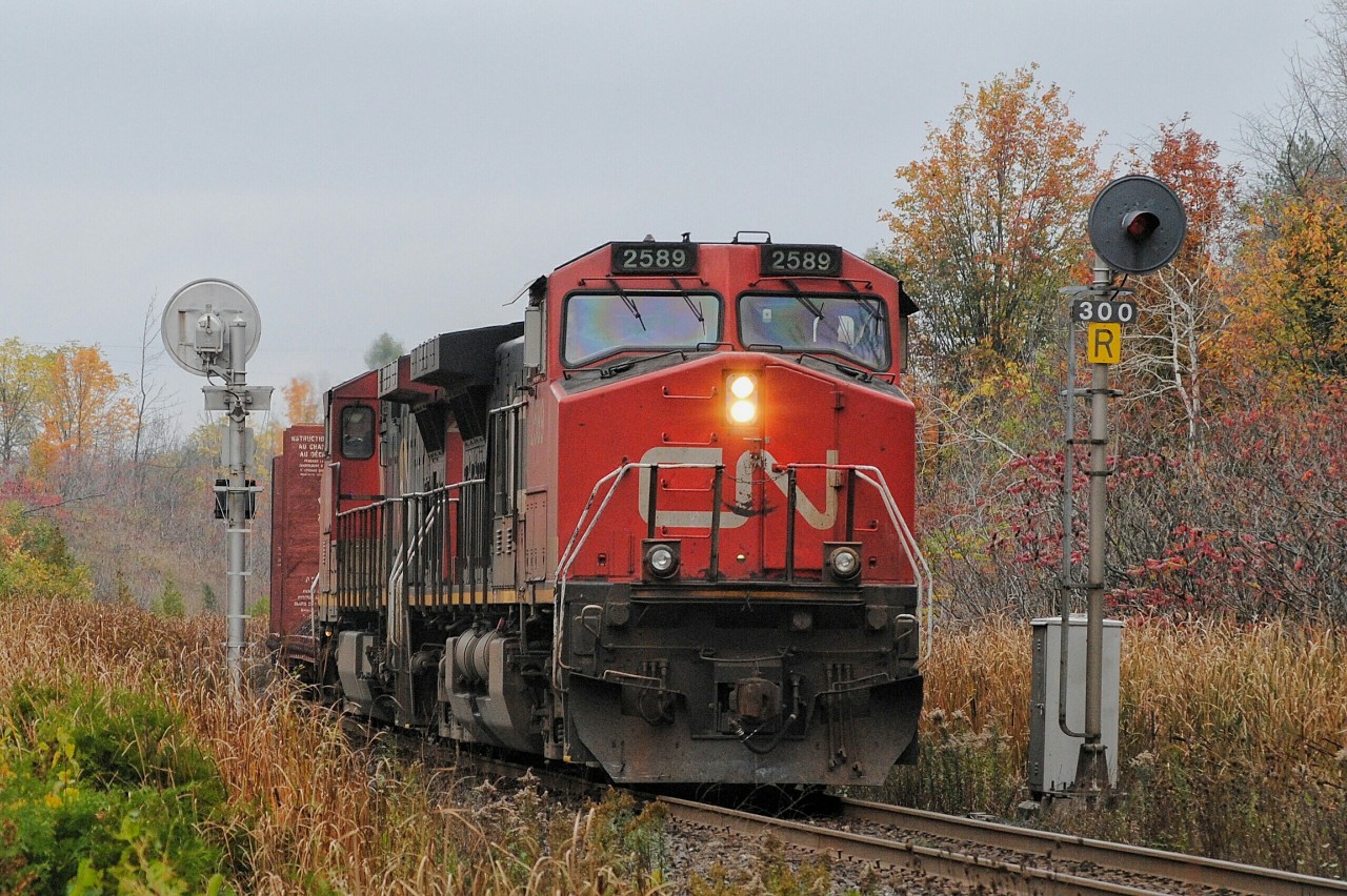 I spent sometime out trackside this afternoon to try to shoot the fall colours when they're starting to shine. Except my luck came in and it was a gloomy rainy day. The good thing about that is you can shoot at this spot on a cloudy day without bad lighting! Here, CN A435 with a pair of Dash 9s drops down hill as it clears the approach to Mansewood.