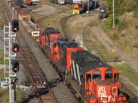 It's hard these days not to get excited when you can catch a trio of GP9 working together in 2017. CN's local out of Aldershot this morning had exactly that as it pulled along the SOR yard job in Hamilton. Sadly the leader has numerous scares on it from years of hard work, never the less it is still employed by CN thanks to the reliability CN's fleet of GP9RM's have provided over the decades. 