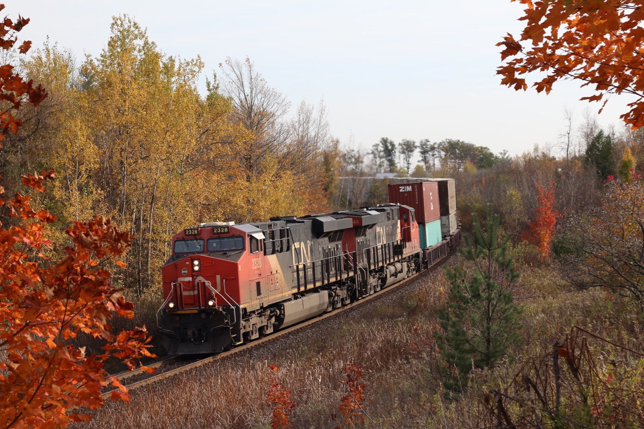 The sound of golf carts rattling the bridge over CN's Halton subdivision are momentarily drowned out by the rumble of a pair of GE built prime movers digging into the Halton Hills as they drag stack train 148 eastward towards Toronto. The fall colours are rapidly fading at mile 30 as the train comes to a brief stop just prior to the road crossing for what ever reason. Within a few minutes the train is once again on the move, and within a few minutes the sound of the golf carts crossing the bridge and the sound of golf clubs making contact on the course will once again be the dominant sounds.