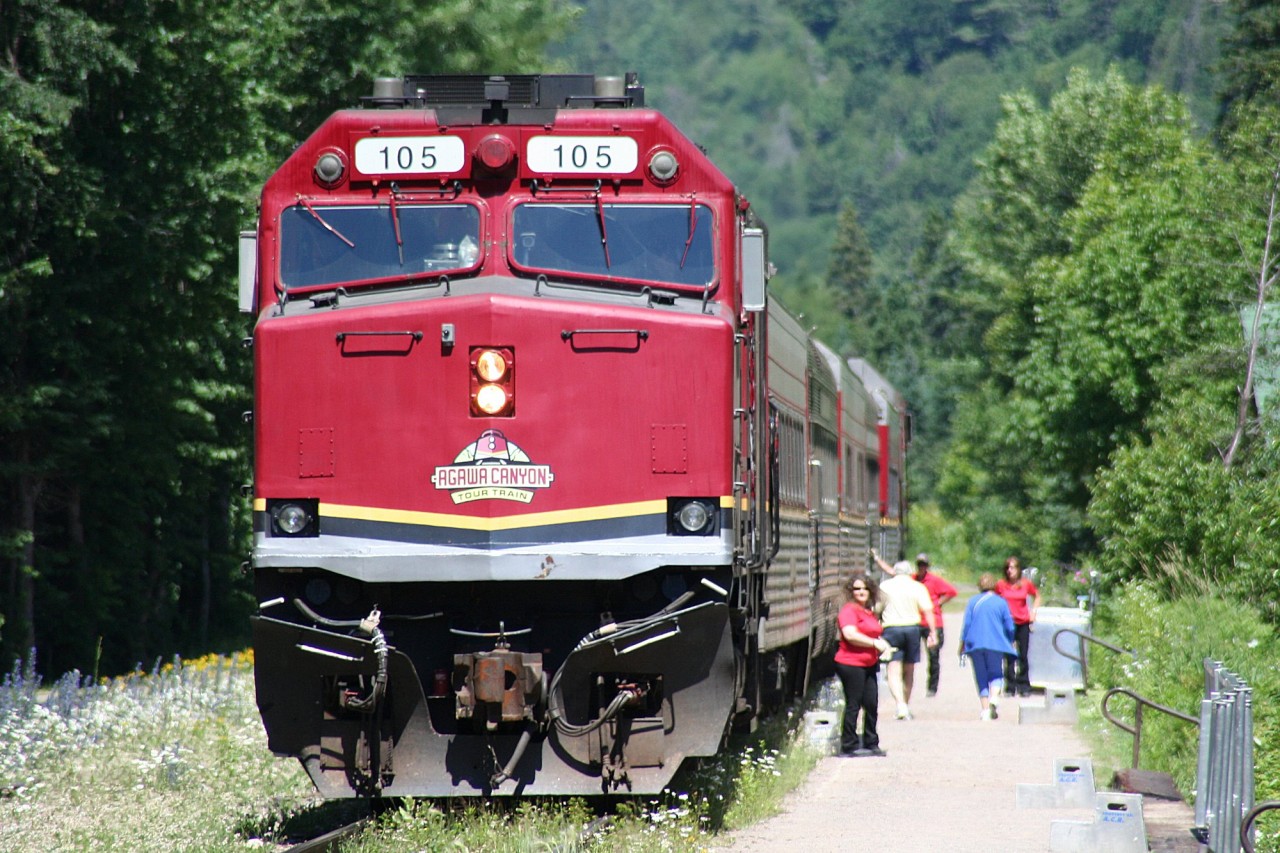 The Agawa Canyon Tour Train boards its final passengers before departing the part for the southbound return trip to Sault Ste. Marie.