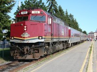 A short five-car Agawa Canyon Tour Train unloads at the end of a run at the Algoma Central Railway station in Sault Ste. Marie, ON.