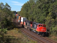 So this was CN's second oddball of the day in southwestern Ontario. Once standard power on CN Laser single stack trains, and even the early double stack trains, the GP40-2W's have for the most part fallen into obscurity or yard service. 148 and 149 are known for often having eye turning power though, at least for this part of Ontario. It's no secret that CN's Homewood yard hordes a number of older EMD units, particular of GP40 variety. Sure enough, a simple RR picture archives check indicates 9584 is a Homewood based runaway that had roamed the old IC and GM&O for almost 5 years. Perhaps short of power for a higher priority Q train, it finally got the call to return to Canada on a typically light loaded 148 where 8000+ horses just isn't required. Could it have come on a more fitting train really? Running a Q train just like they used to do best. Unfortunately the IC shoppers repainted 9584 in late 2013, though in the end, it's a GP40 that's not on a local. Rare I think would be an understatement. Being in the lead is an added plus.
<br><br>
Unfortunately the 645 prime mover wasn't screaming, though a loud healthy Canadian tuned three chime and brass bell clanging away for the Market Street crossing up ahead sure evoked some strong memories. Doing the honours of course is 9584, and 2271 thankfully trailing. CN MOW crows had just been working on the Paris trestle, and luckily cleared out of this shot a couple minutes before. It often takes a lot for me to get my lazy self off to the Dundas Sub, but needless to say, the show that CN put on this day was more than enough.