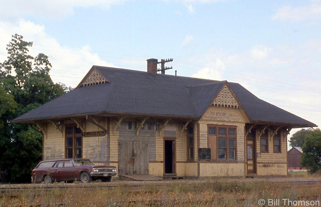New York Central's Tillsonburg station (by now under Penn Central control) is pictured along the CASO Sub in September 1973. The station has since been restored,  and sits rotated 180 degrees at the same site today at Tillson Ave. and Charles St. (presently serving as a State Farm insurance office).