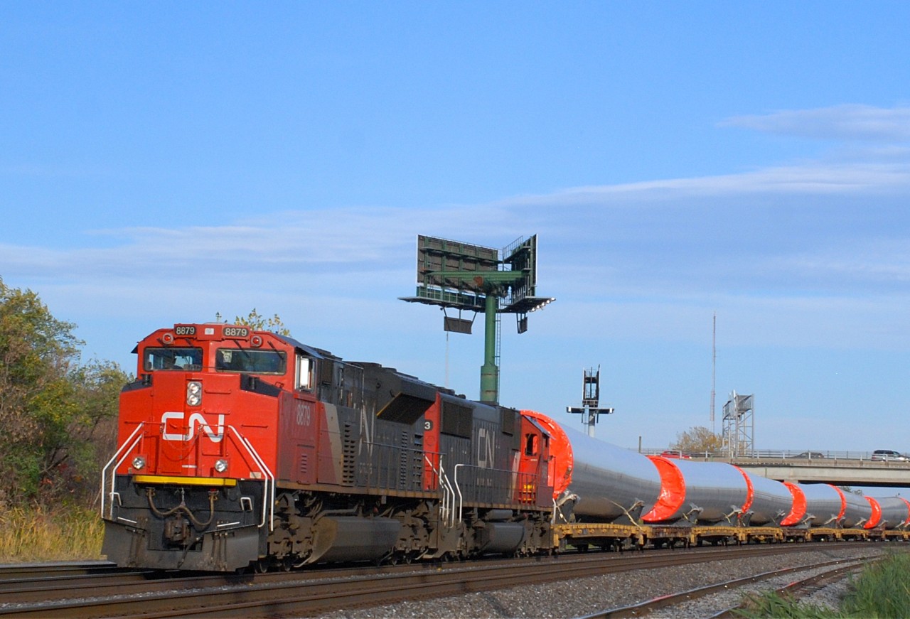 CN-8879 a SD-70-M@ with CN-5463 A SD-60 pulling a special convoy of cylinder for Wind Turbine coming around Gaspésie going to Ontario