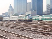 A warm afternoon and start of the "rush hour" at Toronto Union Station. Spent a few moments taking in the scene and all the trains. It is the Toronto I remember rail fanning. Certainly has changed since then.