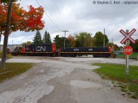 <b>Divine St in Sarnia</b> quickly turns from a residential street to a train lovers paradise, sorta, with a three track grade crossing and a somewhat busy (but slowly closing) industry. My in-laws live only a KM down the road and trains blow their horn very loudly when switching Imperial Oil's Lubricants plant, which has basically all but closed (still takes some tank cars though). After switching the Cargill elevator by Point Edward (at the end of this spur a couple miles north) the yard job is returning to Sarnia yard with a splash of fall colour.<br><br>
Notes: Closest track leads to the beginning of CSX track (Called the North Interchange) just behind the fence to my right, also used to see tank cars going into Imperial by CN, but that seems done. The Point Edward spur sees service about two to three times a week (mon/wed/fri) but extras as required. This used to be a busy place, fairly recently the IOX job would spend 2-3 hours switching here then heading over to Cargill, then back to Sarnia yard, often with about 30 cars on the drawbar.. now very short trains seem the norm. Dial back time to before the new tunnel (Circia early to mid 90's and earlier) and there were trains all day and all night here, switching the ferry and ferry yard.. if anyone has photos, please share, I'd be very appreciative! Cheers.