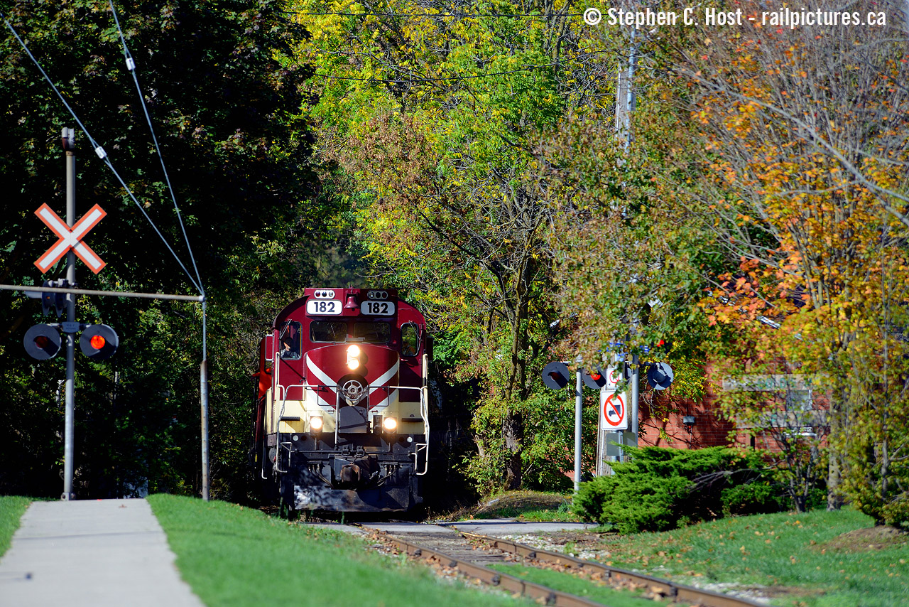 Out of the bush, suddenly a wild train appears. Basically, that's what I see when I stand along Cardigan St - a really neat little street with a sidewalk following the rail line for a block or two packed tightly with various old and new buildings. Shooting here requires a train running south around noon or the light swings to backlit. Leading the train is the other "new arrival" #182 -  but 182 was in Guelph in the first half of the 2000's and photos of it in Guelph are on this site from back then. Anyone have a precise date to when 182 was transferred to Salford? I suspect it was done to co-incide with the St. Thomas sub lease in '09.
