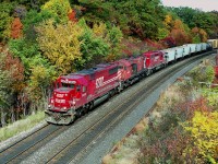 Back in the days when CP was running over CN along the Oakville Sub, many times it was just endless CP GP9s but sometimes, as in this case, some interesting variety as well. It is a beautiful fall day, around noonish, as SOO 6056, CP 4573 ( it looks as if it might be ailing) and 'CPRS' 5423 in rather fresh paint roll toward Hamilton and eventually the USA. I knew the 5423 as GATX 2001, it spent some time running over the D&H. This image is taken from the Wolf Island Bridge (Plains Rd).