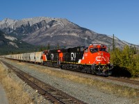 Brand new CN ES44ACs 2987 and 2988 lead a loaded potash train towards Jasper, just west of the westward approach signal to Henry House on CN's Edson Sub.