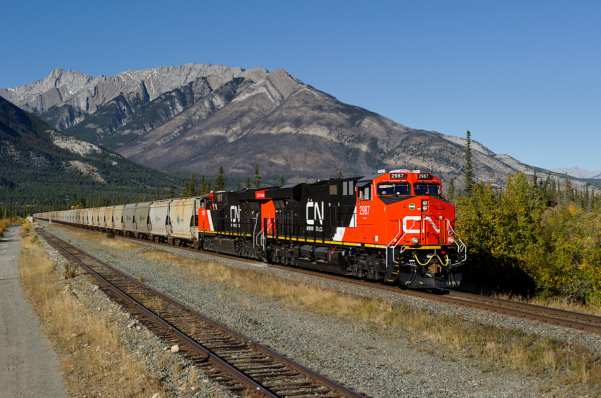 Brand new CN ES44ACs 2987 and 2988 lead a loaded potash train towards Jasper, just west of the westward approach signal to Henry House on CN's Edson Sub.