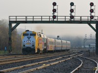 VIA 71 heads under the iconic Paris signal bridge with the 1 of a kind business car in some early morning fog