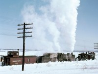 Pembroke native, the late Mr. Del Rosamond, captured CPR Pacific-type #1231 with a plow and spreader – circa 1959. 
<br>
<br> 
Those familiar with RPca may recall that two years ago I had a number of Mr. Rosamond’s slides professionally scanned.  The process was not in-expensive and not all of my slides were processed.  I’m extremely grateful to Mr.  Raymond Farand for volunteering to assist.   He has carefully scanned the remainder of my collection and spent countless hours making colour corrections and repairing age -related slide damage.
<br>
<br>
Raymond and the Rosamond family have graciously approved  the sharing of my portion of the Rosamond collection here on RPca.  
<br>
<br>
Peter Newman 

