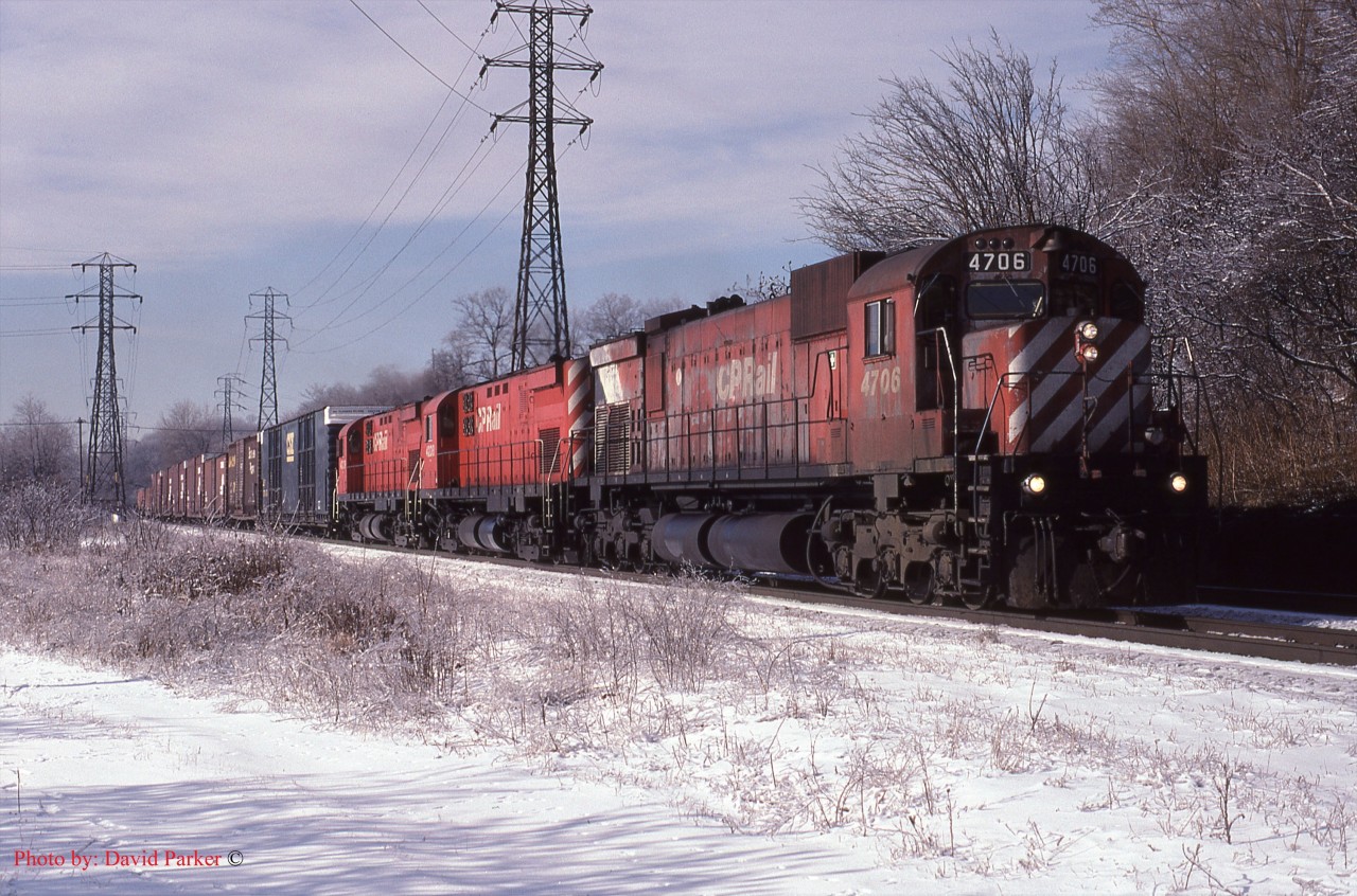 A scruffy looking CP 4706 leads a pair of C-424's 4238 and 4239 on train 508 (Detroit-Montreal) approaching Leaside on the North Toronto Sub.