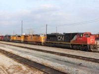 A lashup of four different railways (and 3 different EMD SD70 models)has CN SD70M-2 8909 UP ES44AC 8031 UP SD70AH Tier 4 9068 CSX SD70MAC 4541 led by CP GP38-2 3113.