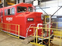 Front end of freshly overhauled SD60M 6261 in the shop. Note under the road number it says SD60-3.