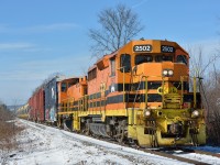 Approaching Marelan, Quebec Gatineau GP35 #2502 leads SW1500 #1505 and twenty-one cars.

Ken Goslett