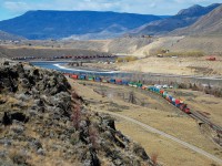 An eastbound Intermodal is winding through the Thompson Valley at Walhachin.