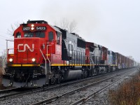 CN M38531 18 crossing Oak Park Road, with CN 5423, BCOL 4641, GTW 5936, and 170 cars