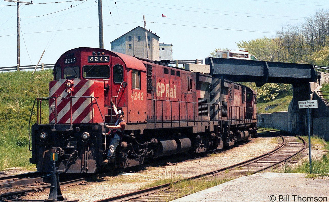 Another pair of CP C424's, this time 4242 and 4224, are shown arriving in Goderich after their trip up the Goderich Sub, on June 1st 1984.

Built by the Montreal Locomotive Works in the mid-60's for mainline freight service, CP's fleet of C424's were rebuilt in the early 80's as roadswitcher units, and could often be found working locals and wayfreights on their network of branchlines, often running with rebuilt RS18u's and GP9u's.