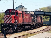 Another pair of CP C424's, this time 4242 and 4224, are shown arriving in Goderich after their trip up the Goderich Sub, on June 1st 1984.
<br><br>
Built by the Montreal Locomotive Works in the mid-60's for mainline freight service, CP's fleet of C424's were rebuilt in the early 80's as roadswitcher units, and could often be found working locals and wayfreights on their network of branchlines, often running with rebuilt RS18u's and GP9u's.