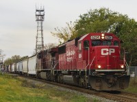 In recent weeks there has been a lot of former SOO engines on the point for the CP. Here, rebuilt SOO now CP 6254 leads their eastbound train though downtown Chatham. It's too bad that they had to move the former CP station. It would have made for a better backdrop against the train than the Municipal parking lot with the row of trees.