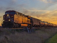 Being a resident of Chatham-Kent, I have learned to love three things: Two active rail lines and the sunsets. Here, with Daylight Savings Time change fast approaching CP 8567 is on point for the ethanol train. Proof again that you can combine more than one love in life! 
<br>
<br>
(Of note - CP 9591 was on the rear as DPU).