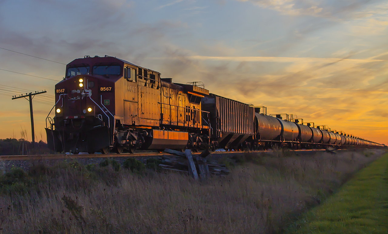 Being a resident of Chatham-Kent, I have learned to love three things: Two active rail lines and the sunsets. Here, with Daylight Savings Time change fast approaching CP 8567 is on point for the ethanol train. Proof again that you can combine more than one love in life! 


(Of note - CP 9591 was on the rear as DPU).