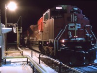 One of CP's four Brutish SD90MAC-H units sits tied down and revved up on a bone chilling -36C night in Bredenbury yard. 