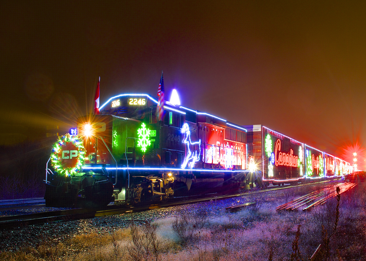 CP's U.S. Holiday Train is making its first stop of the year at Adirondack Junction on a rainy evening. Power this year is CP 2246.