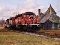 Five years ago the removal of the west end of the CASO had begun. Here CP 6030 and GTW 5937 drag the first cut of rail past the historic Essex Station, power representing both owners of the line (CN&CP). This would be the last 'train' to pass the station as the second cut of rail would be just east of here. They hooked the rails onto each side of the locomotive then dragged them east for loading onto a CWR-train - an interesting way to remove a rail line.