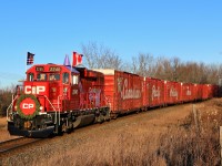 The American version of the 2017 CP Holiday train rounds the bend approaching Victoria Road on its way to the Galt show. The bright sun and blue sky doesn't help the holiday lights but it sure made for perfect lighting.