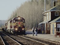 Showing up at Hawk Jct at 0730, I came across the morning Ore Empty (#11 ??) from Sault Ste. Marie already stopped at Hawk Jct station. I wanted to be reasonably early because shooting the morning train here, with the horrendous sun angles, is wicked at best. I assume it is the discussion of paperwork and just 'taking a break' that kept the train here another hour before it entered the Michipicoten Sub at 0910 and worked its way over to the Wawa Sinter plant. With the demise of this plant and the subsequent pulling up of the whole subdivision not far away, this was the last trip I would make to the area just to check out the AC/WC. Nice selection of power on this train, WC 6604, 6655, 3012 and 6506.(6655 is an F45) Coming up to 20 years since this scene. You've gotta be part of the older generation to realize how fast time flies...............