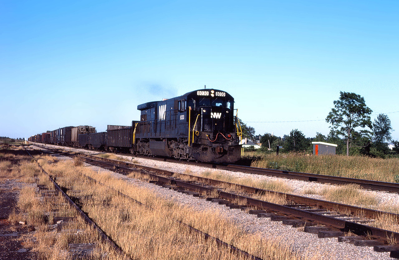 N&W freight on the Cayuga subdivision east of St. Thomas. If anyone can help pinpoint the location, we'll make the required correction. This one is a bit of a puzzler. Thank you to all who help - add to comments please and thank you.