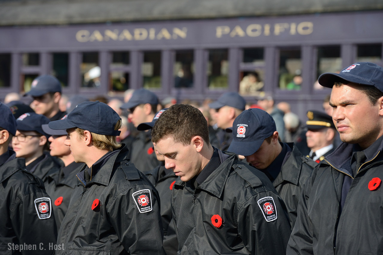 We will remember them:  Cadets from the Conestoga College Firefighter course are lined up in sombre remembrance of those who sacrificed their lives for our freedom. These kids may not remember the war; those who were on battlefields during the last Great wars dwindle in numbers; but they were here in 2015. They remember. Through their memories and spirit, these kids will remember. Our children will remember. We will remember them.