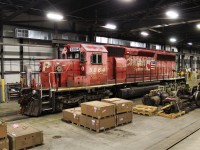 Here is CP 5864 a couple weeks back on the wheel truing machine, It had been sent to Oshawa to interchange with CN for the scrapper but was sent back to "cut wheels to match". The SD was shipped back to Oshawa but reappeared at Agincourt again 2 nights ago. It still had both number boards and it's bell at this time.