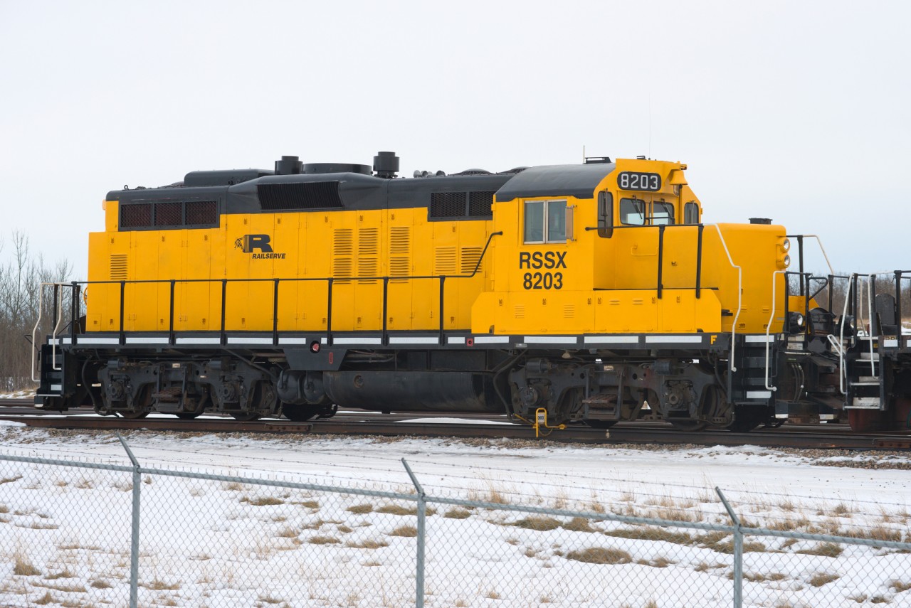 ExCP 8203 seems to have found a retirement job in Alberta. It is one of at least three units stationed at the large crude oil rail terminal just east of Hardisty Alberta.