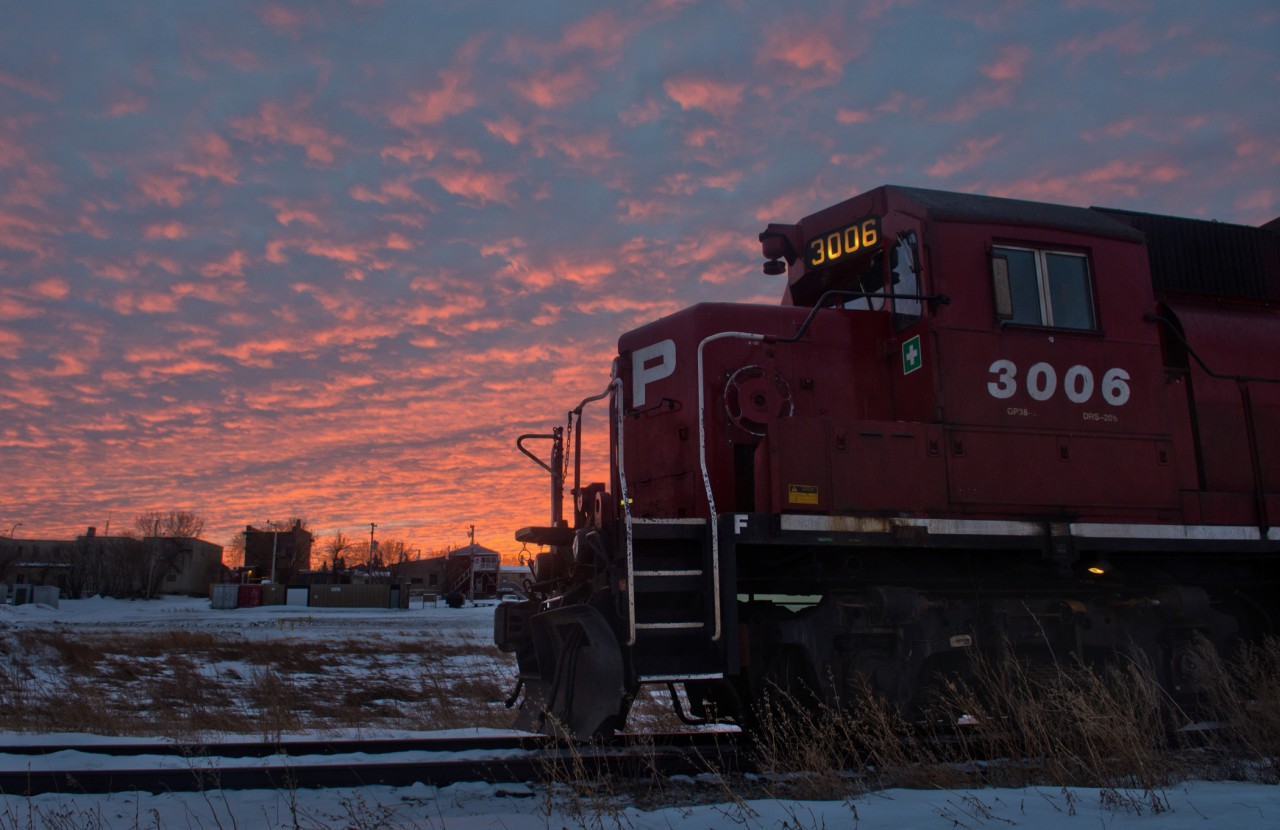CP 3006 watches a wintery sunset unfold in the branch-line town of Kerrobert Saskatchewan.