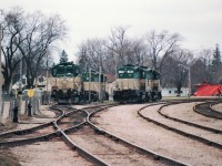 A view of the Goderich yard of the GEXR in 1995 shows the 4 GP9's #177-180 and a snowplow.