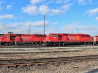 Ex SOO SD60 #6037 is now rebuilt as CP 6301 and poses alongside former SOO SD60M 6061 now CP 6261. Note the louvers that have been added to the air compressor doors of the 6301 that are not on the 6200 series rebuilds(just ahead of the 6261's front).