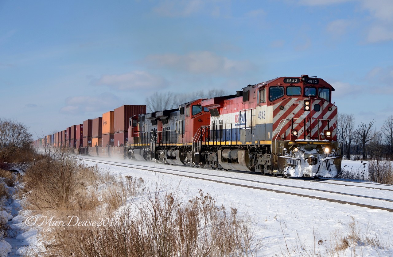 Train 148 with BCOL 4643, CN 2500 and CN 2644 heading east bound out of Sarnia at Waterworks Sideroad on a mostly sunny but frigid day.