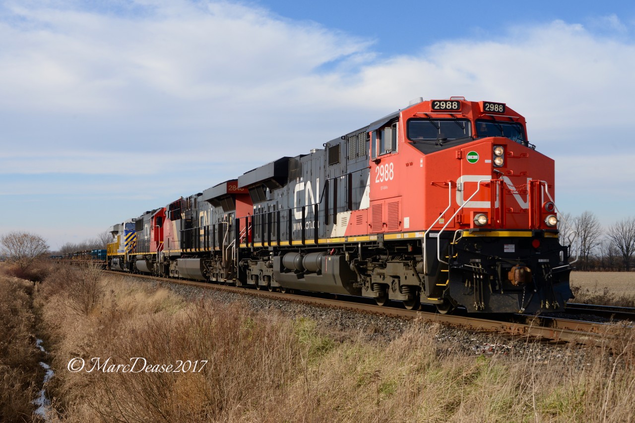 One never knows what the power is going to be on the daily 509 train between London and Sarnia and back. Today we have CN 2988, CN 2848, CN 5481 and one of the CREX lease units 1514.
