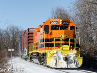 On the morning of the winter solstice Quebec Gatineau's turn job from Thurso to Ste-Therese heads east at Marelan.

