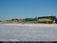 VIA 6438 kicks up a little snow as it speeds through the Stoney Point area with train #72 on a beautiful sunny December 27, 2017.  With a windchill of -26, it was still worth getting out and shooting on a beautiful morning like this even though I had hoped for a Canada 150 to be on the point.