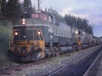 In the siding at Greening, waiting on a meet. This is train No23, the VP symbol,Vancouver Peace. This was the hotshot train operating on BC Rail. The train ran seven days per week and basically had traffic for destinations all the way from Vancouver to Fort Nelson. A lot of the traffic was TOFC of various cargo including refeer units of perishable items as well as non-perishable food goods, beer and spirits, construction materials, welding gases as well as machinery. It was a time sensitive train and was given priority on the road. This train was a very competitive transportation service.