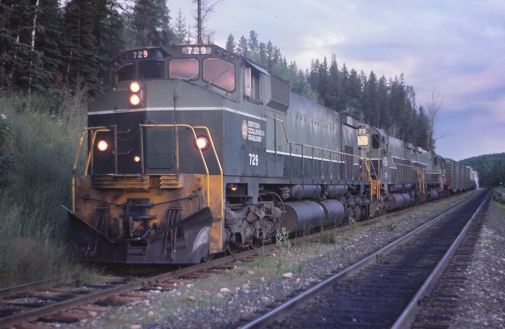 In the siding at Greening, waiting on a meet. This is train No23, the VP symbol,Vancouver Peace. This was the hotshot train operating on BC Rail. The train ran seven days per week and basically had traffic for destinations all the way from Vancouver to Fort Nelson. A lot of the traffic was TOFC of various cargo including refeer units of perishable items as well as non-perishable food goods, beer and spirits, construction materials, welding gases as well as machinery. It was a time sensitive train and was given priority on the road. This train was a very competitive transportation service.
