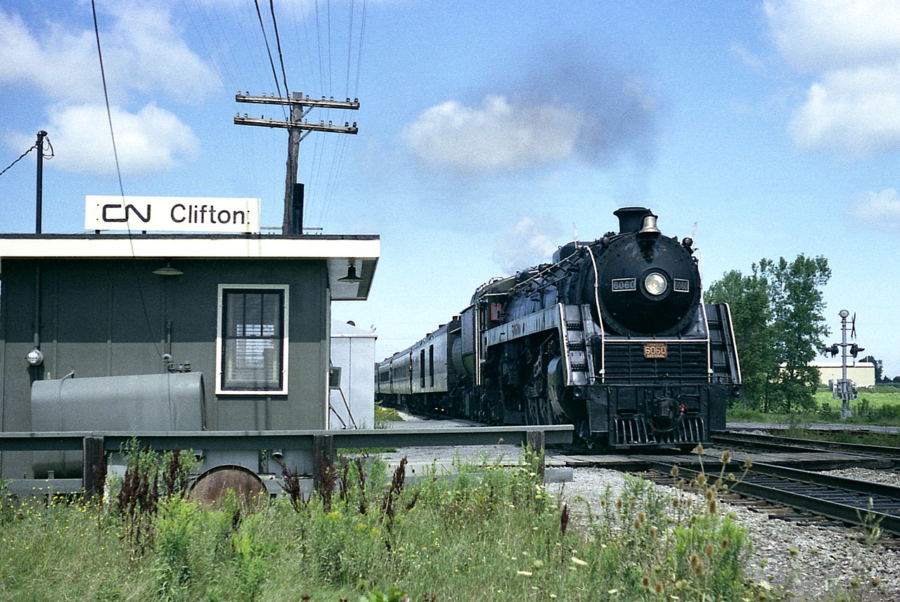 Hands up those who have seen enough CN 6060 pictures already. Oh never mind. Here's another one. Dug this one out of the 'station' files; I was down in the Falls area and had not yet taken a picture of the old CN Train Order Office located on Church's Lane off Whirlpool at the time, so meandered over. It was utilized at the junction of the Grimsby and Stamford subs. This was a Wednesday, and since the coal-fired CN 6060 did the tourist runs from Toronto to Niagara and back on Wed and Sat., it was best to hang in for the train. Good idea. Within a couple of years both train and station/office were no longer active here.