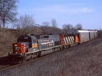 Did you know ex-SP tunnel motor's were leading trains in southern Ontario long before GEXR 9392 showed up ?  Well on at least one occasion, CN 271 is seen being lead by SD40T-2 leaser GECX 8664. I'd just shot it trailing on 334 the day before and was shocked to get a phone call the next morning saying it was leading 271 !  