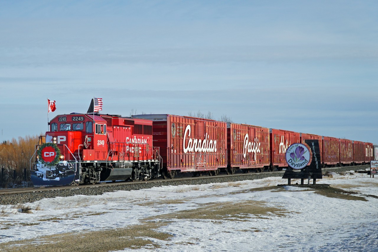 GP20C-ECO CP 2249 heads the Canadian CP Holiday train west through Daysland on route to its first stop and performance of the day at Bawlf.